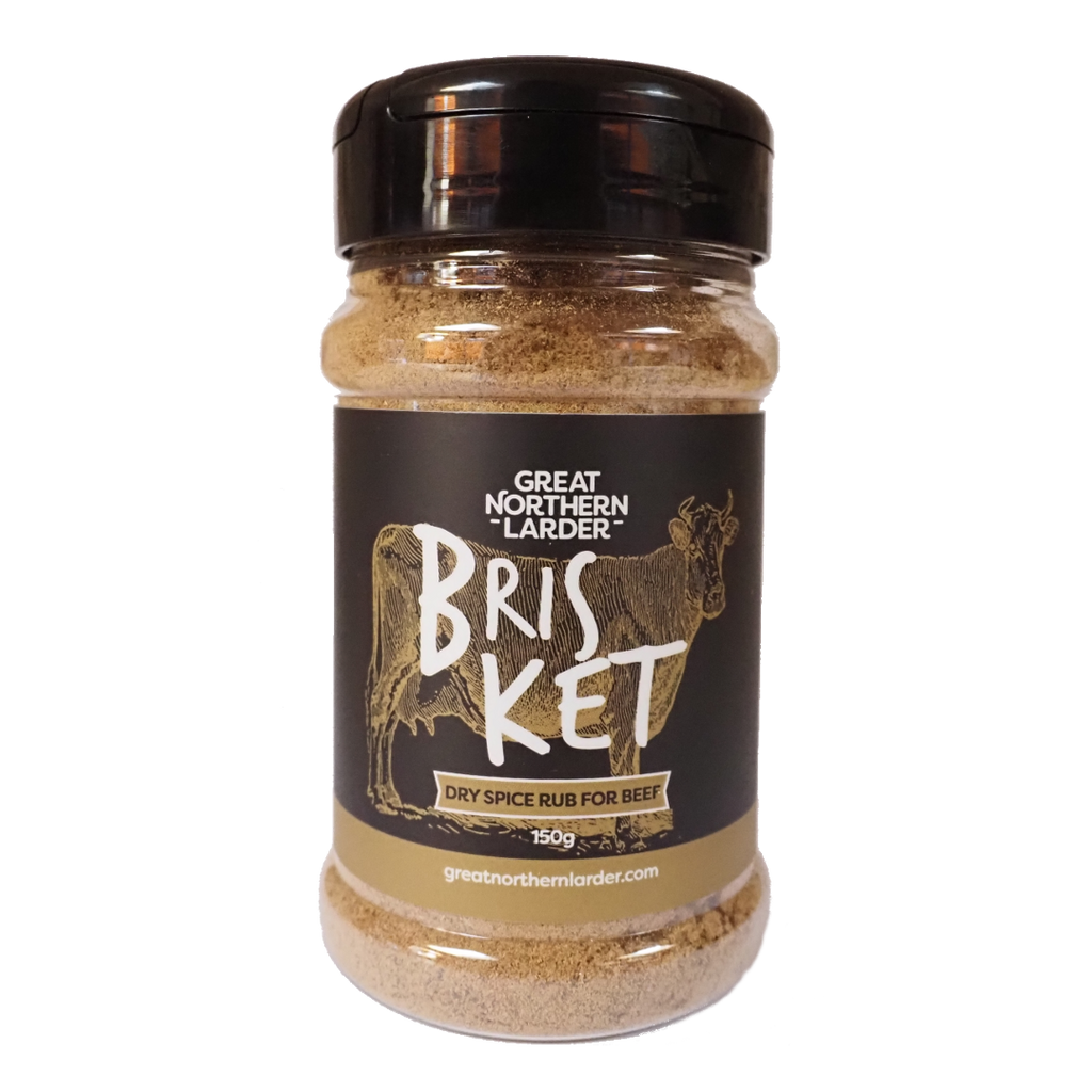A digital representation of Great Northern Larder Brisket dry rub for BBQ. Image of a cow on the label behind the name and logo. 