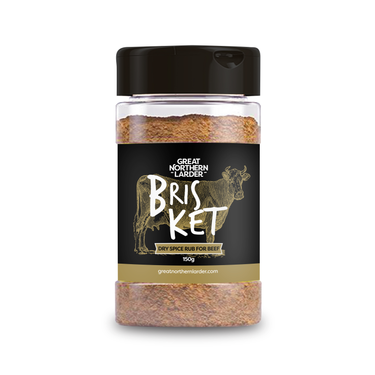 A digital representation of Great Northern Larder Brisket dry spice rub for BBQ in a 200g tub. 