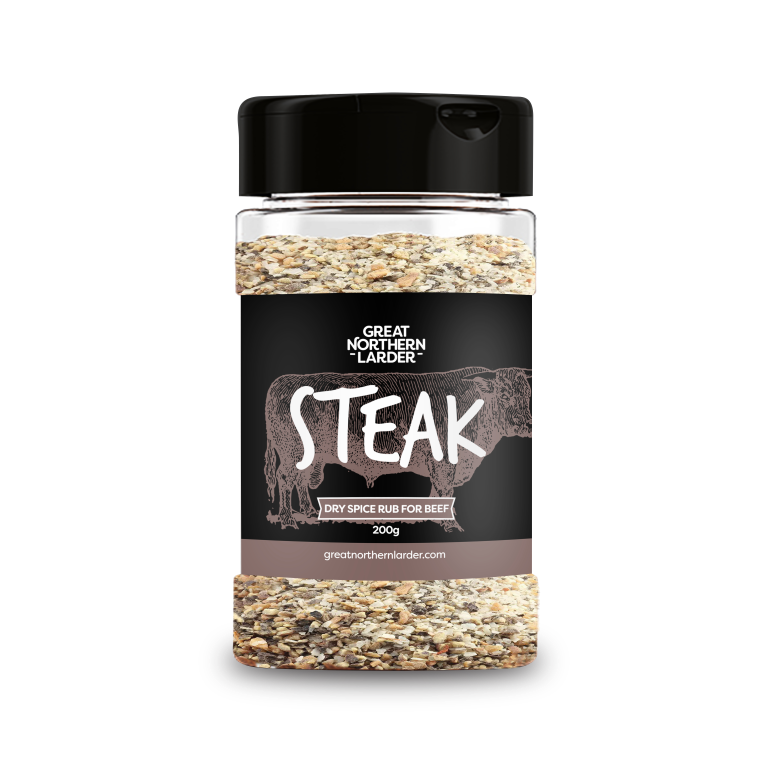 Digital image of Steak spice rub made by GNL. The label shows a cow in the background of the word Steak.